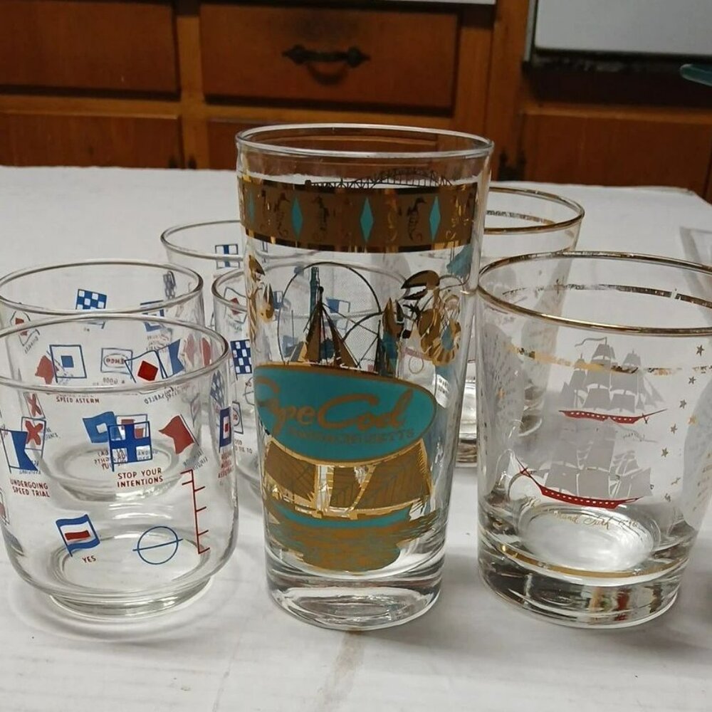 Vintage MCM Barware Nautical Theme Drinking Glass Lot Libbey Esso Grand Cape Cod